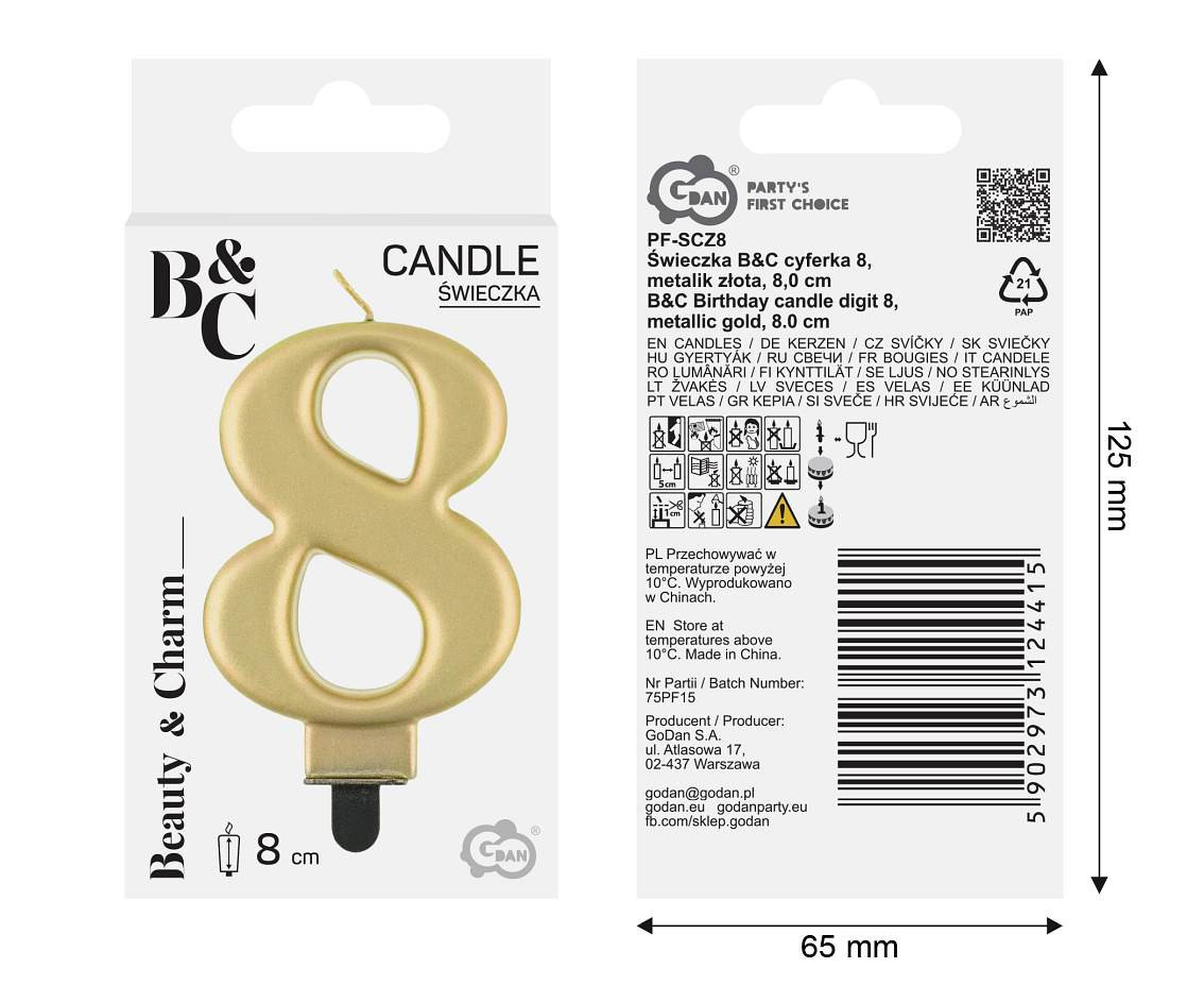 Birthday candle digit 8, metallic gold,  8.0 cm